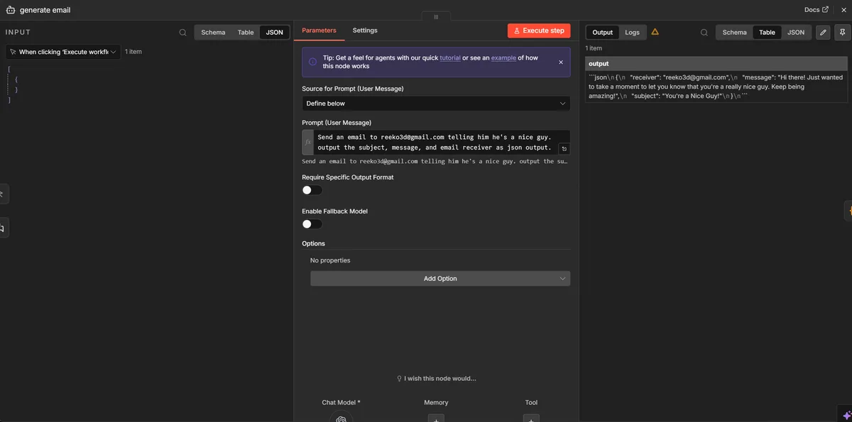 Generate Email AI agent node settings
