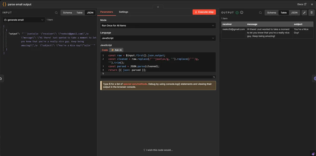 Parse Email Output Code node settings