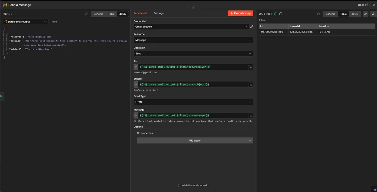 Send Email Gmail node settings
